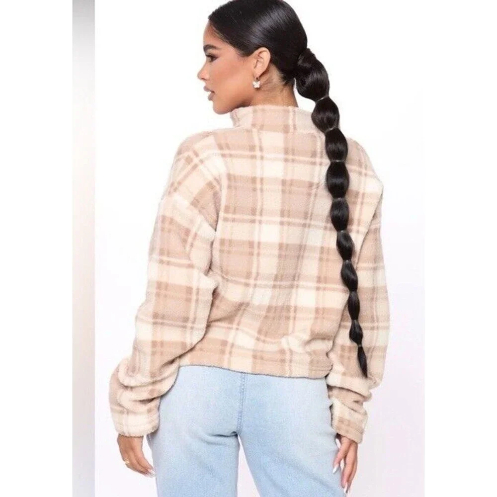 Fashion Nova Plaid Fleece Pullover Womens Cropped 1/2 Zip Teddy Sweater M